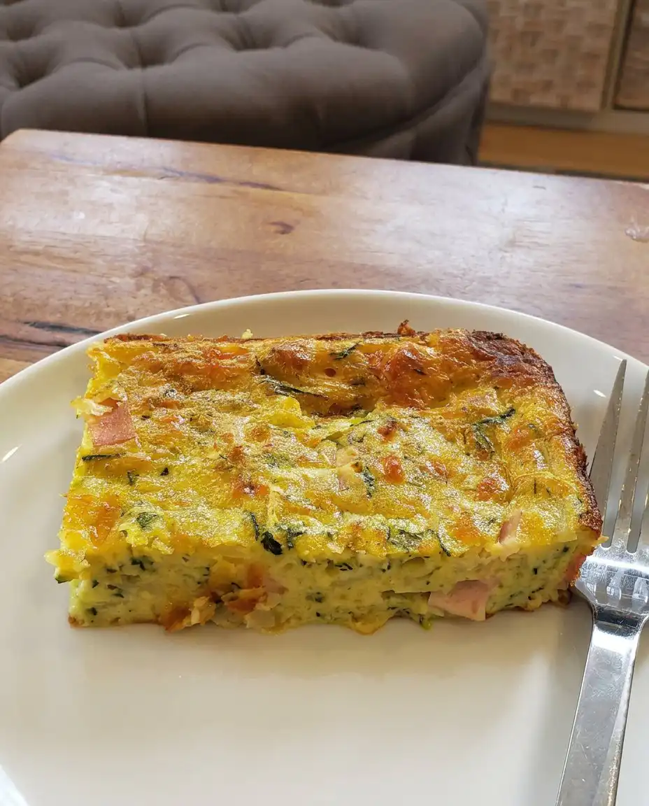 A thick slice of zucchini pie served on a white plate with a fork