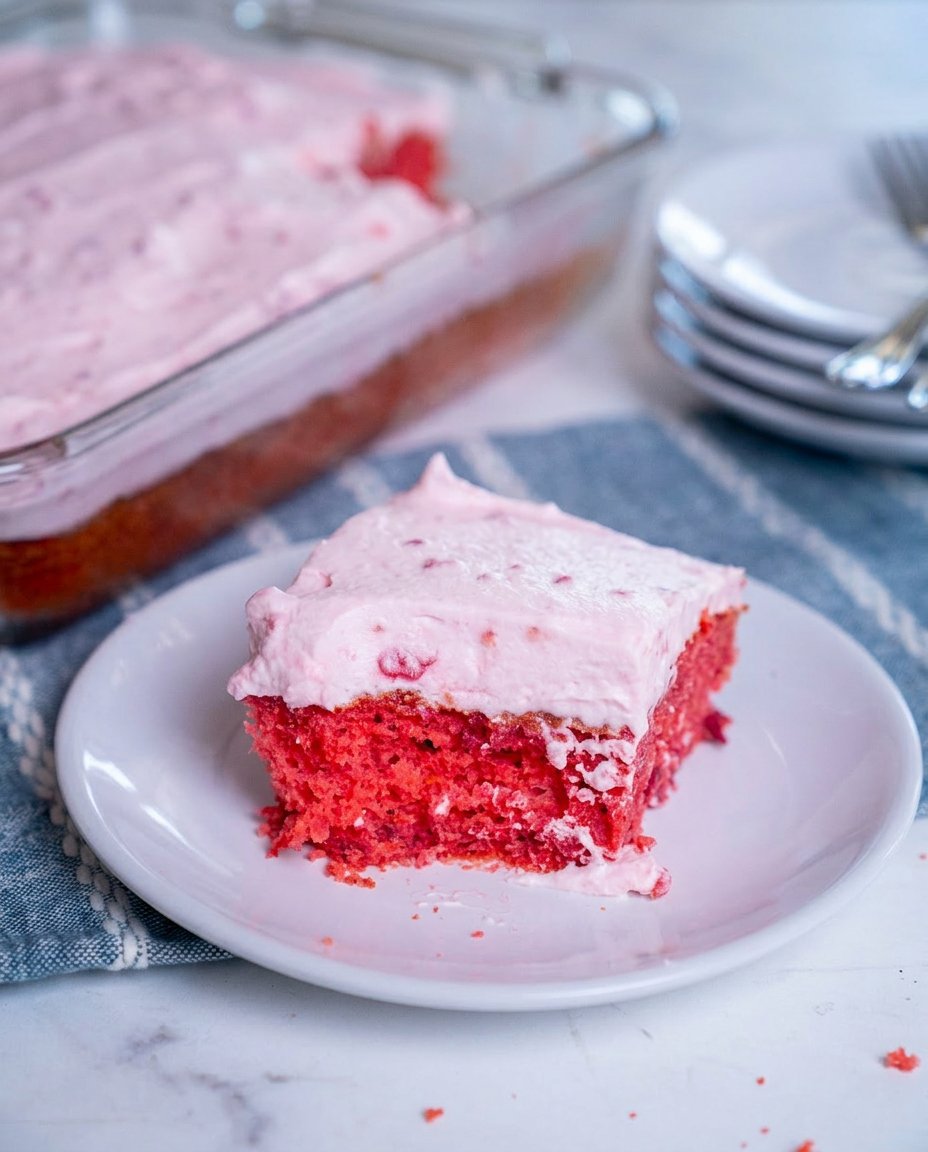 A single slice of moist raspberry cake with thick whipped frosting.