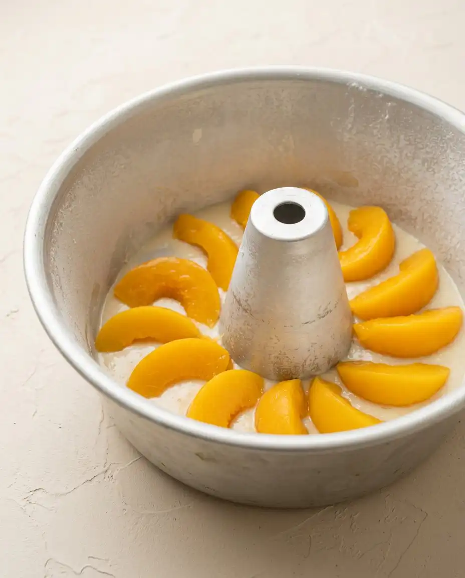 A sharp knife slicing through the tender crumb of a Classic Peach Pound Cake.