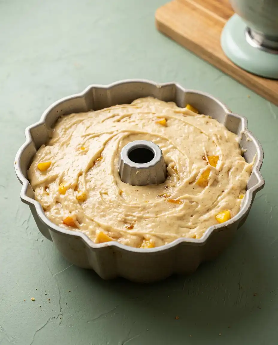 Cream Cheese Peach Cobbler Pound Cake 15 A knife cutting a slice of moist Cream Cheese Peach Cobbler Pound Cake showing the interior crumb.