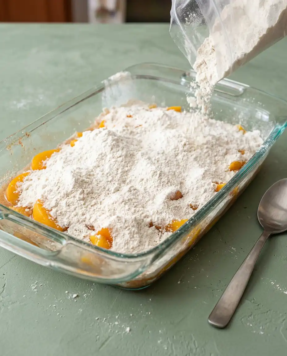 3-Ingredient Peach Cobbler Dump Cake 15 A person slicing cold butter into squares for the 3-Ingredient Peach Cobbler Dump Cake.