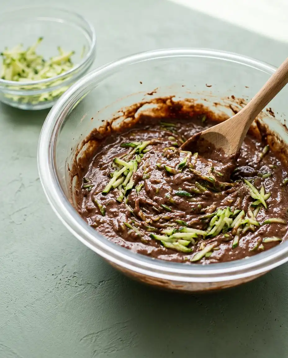 Slicing a square chocolate zucchini cake with chocolate chips on the counter.
