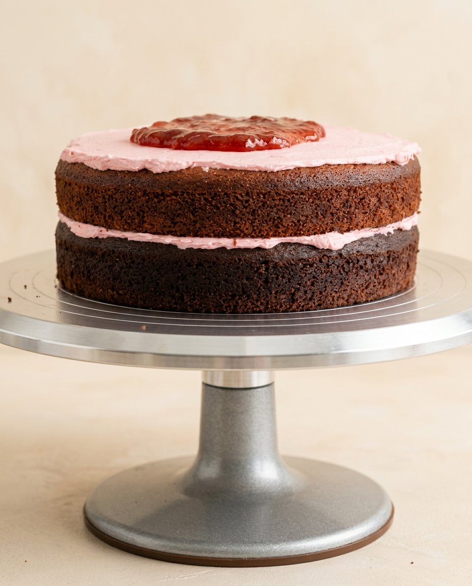 Three bowls of frosting in chocolate strawberry and vanilla for the Neapolitan Anniversary Cake.