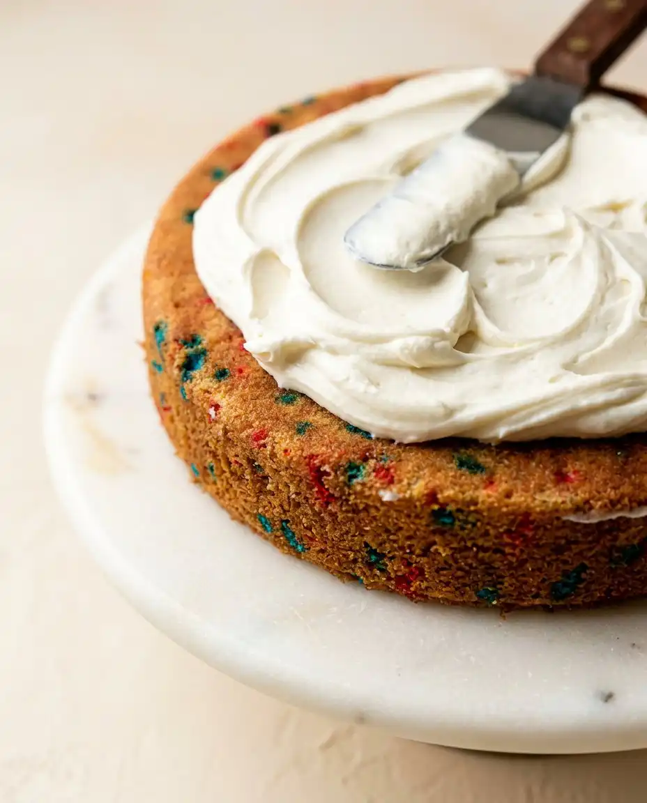 An offset spatula spreading smooth vanilla frosting on a Funfetti Birthday Layer Cake.