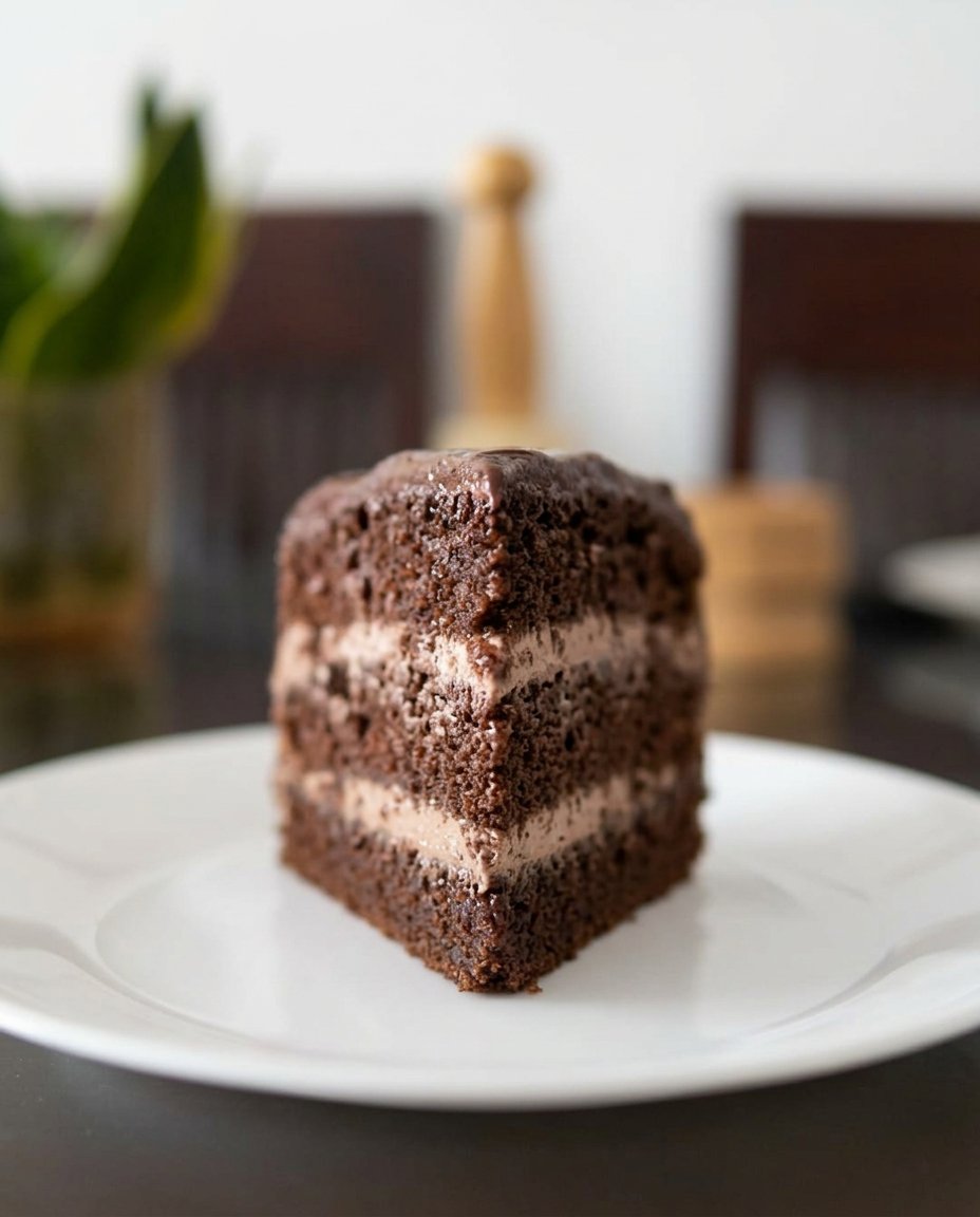 A spatula smoothing chocolate pudding mousse over a baked cake layer