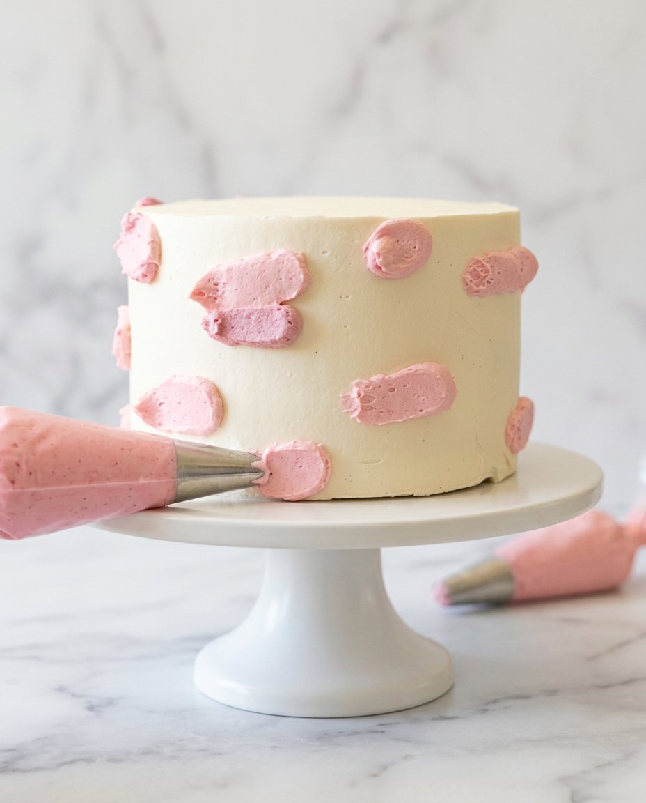 A hand using a metal smoother on a Two-Layer Watercolor Buttercream Cake to blend colors.