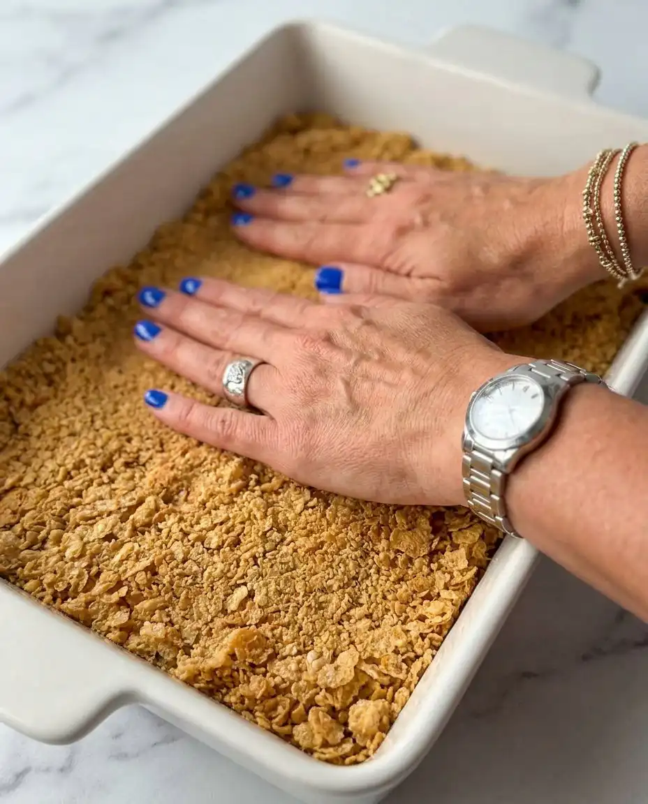 Smoothing the white cheesecake filling over a graham cracker crust in a baking pan.