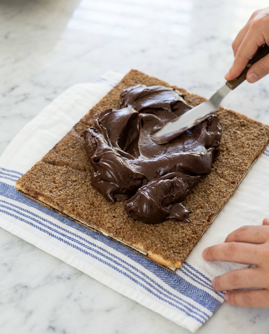 A hand spreading coffee buttercream over a layer of Opera Cake sponge.
