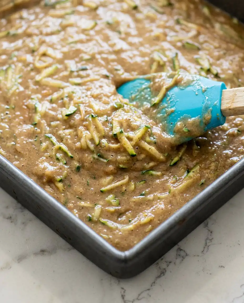 A wooden spoon spreading thick cream cheese frosting over a Classic Zucchini Cake with Cream Cheese Frosting.