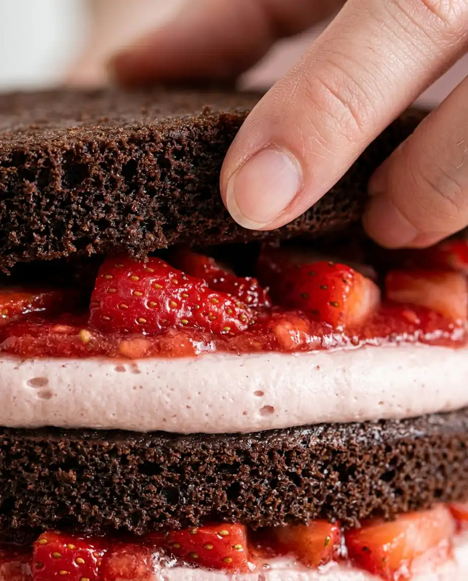 A hand spreading pink strawberry frosting onto a dark chocolate cake layer.