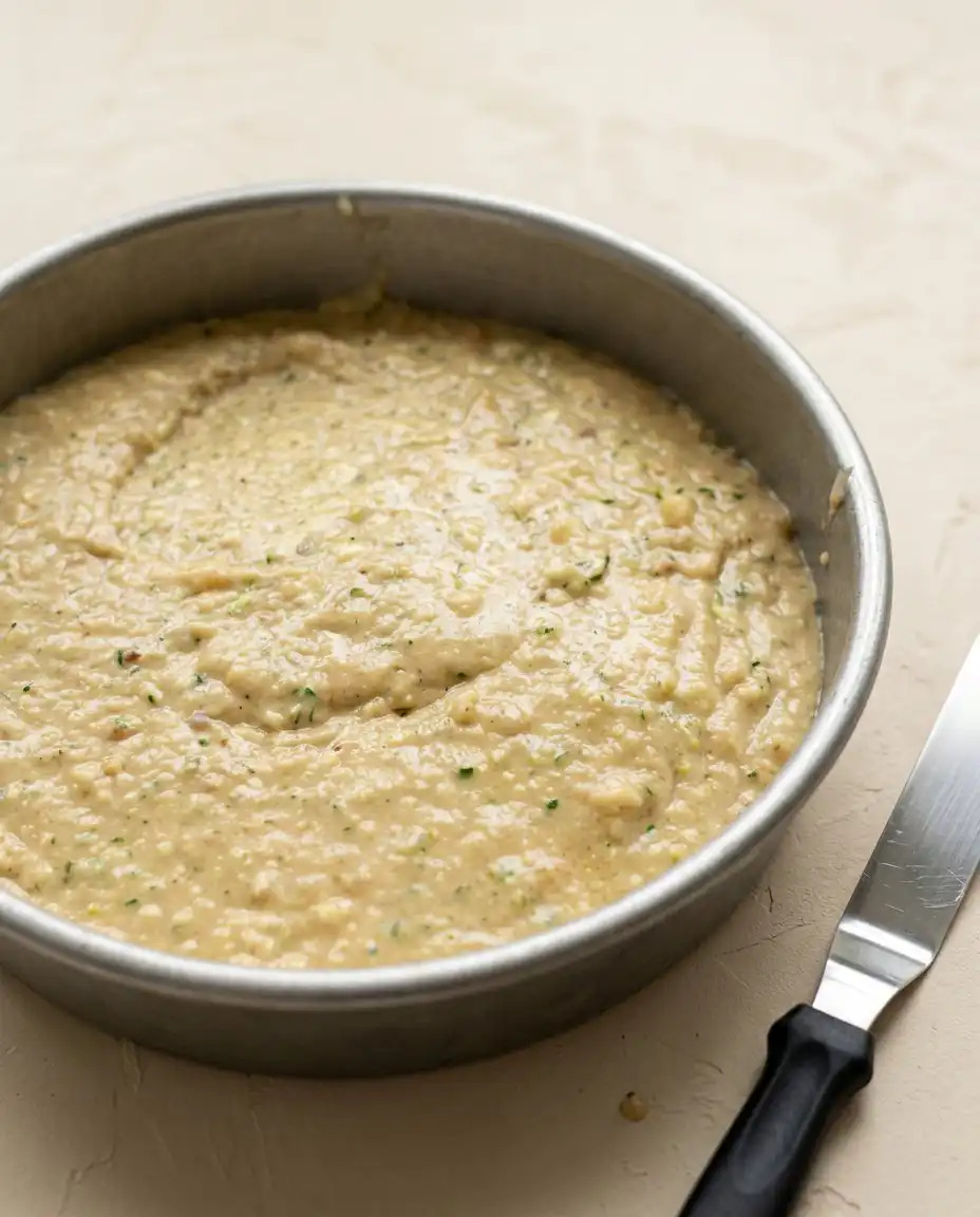 Hands sprinkling a sugary crumb topping over the Lemon Zucchini Coffee Cake batter in a pan.