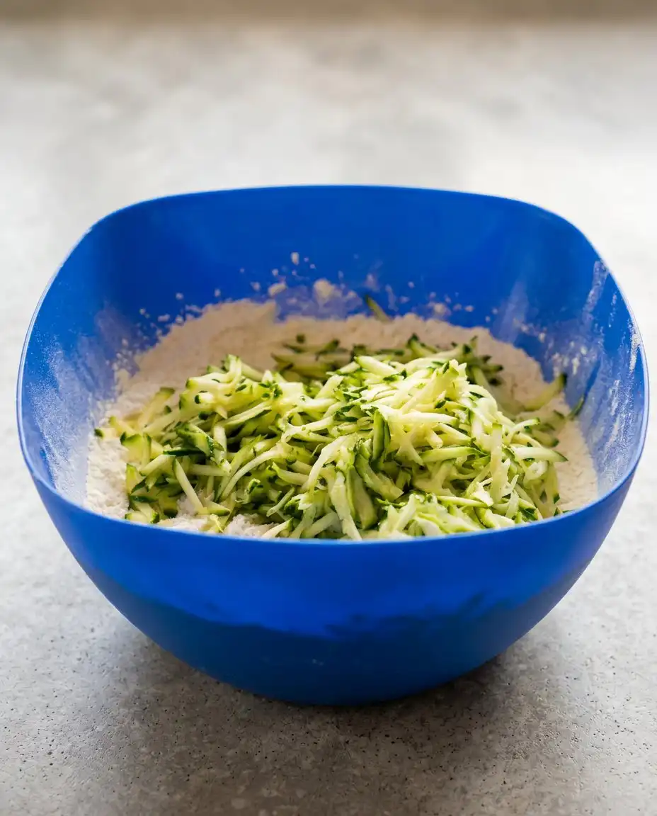 A person using a kitchen towel to squeeze moisture out of shredded zucchini for a Lemon Zucchini Cake.