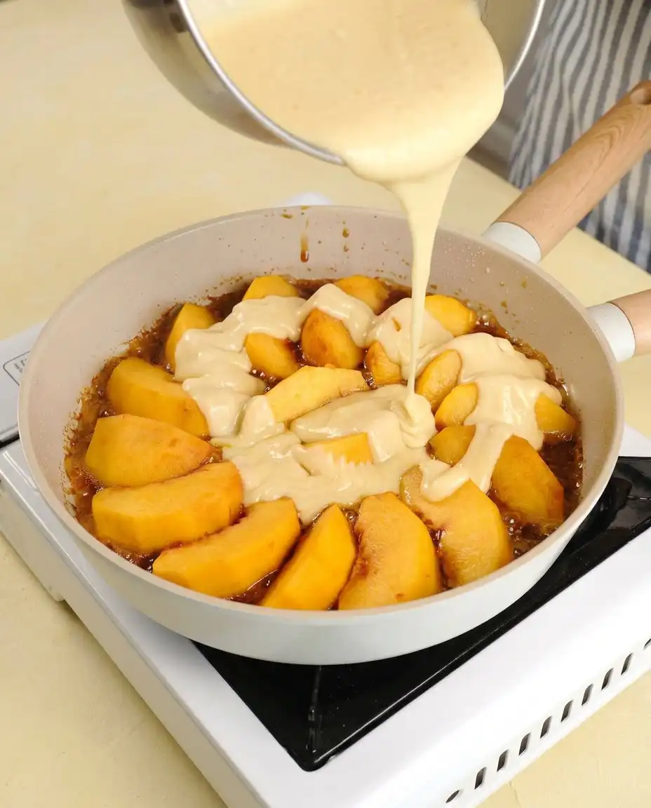 A glass lid covering a pan of No Bake Caramel Peach Upside Down Cake on a stovetop.