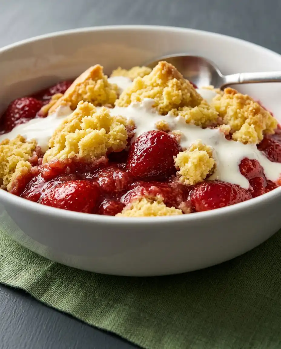 A slice of strawberry dump cake with cream cheese pockets visible