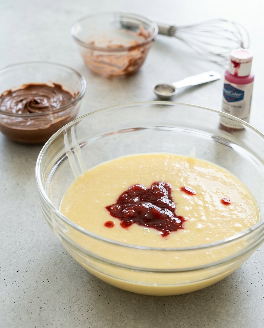 A small saucepan containing a thick red strawberry reduction for a Neapolitan Anniversary Cake.