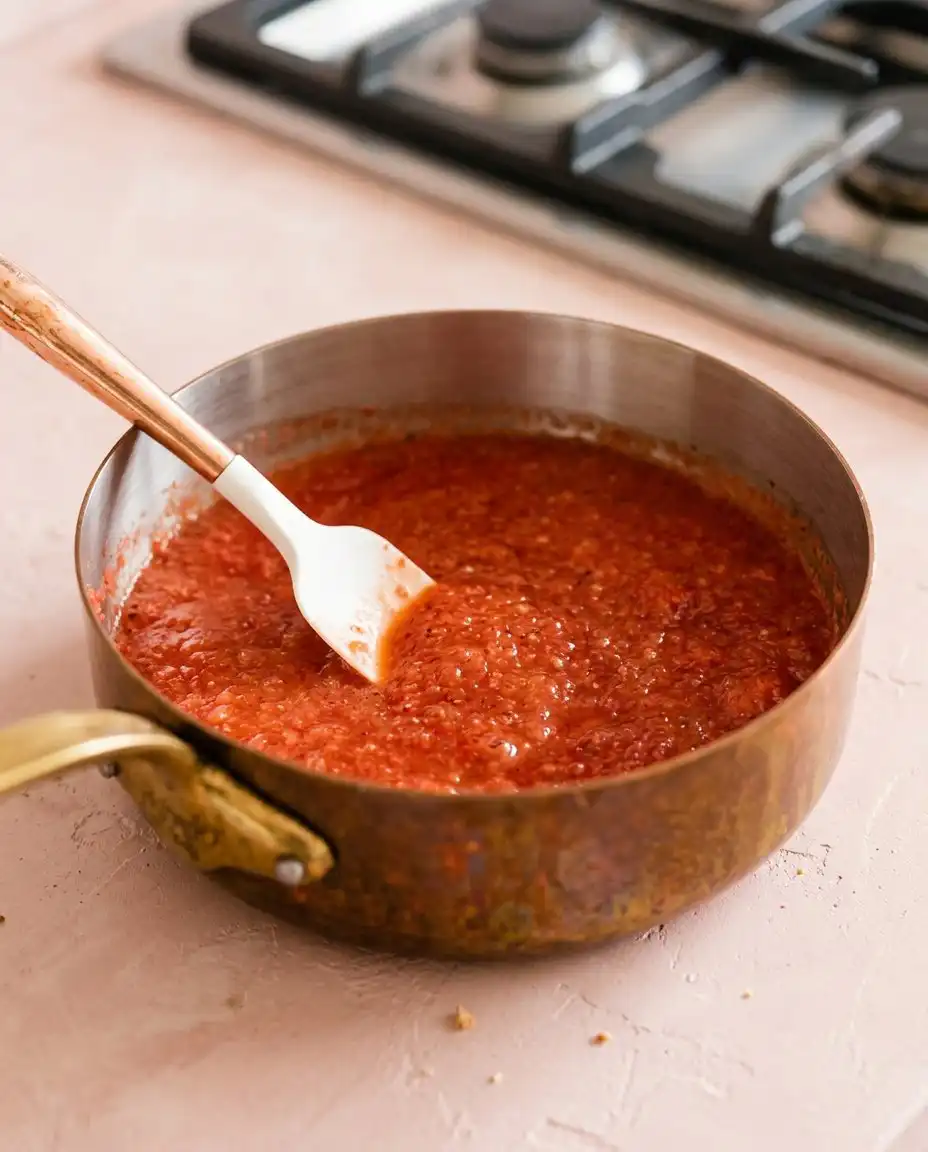Strawberry Cake 14 Ingredients for Strawberry Cake including flour butter and a thick red strawberry reduction.