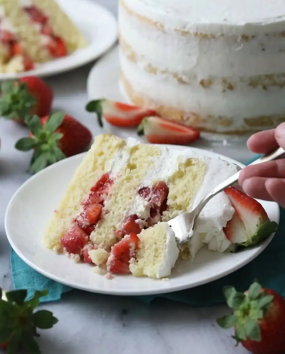 A slice of strawberry shortcake cake on a plate with a fork