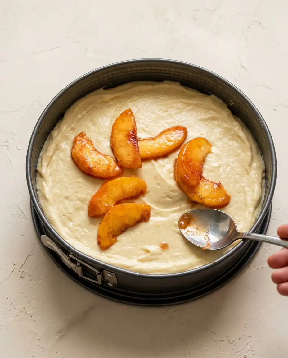 A hand testing a Fresh Peach Cake with a wooden toothpick for doneness.