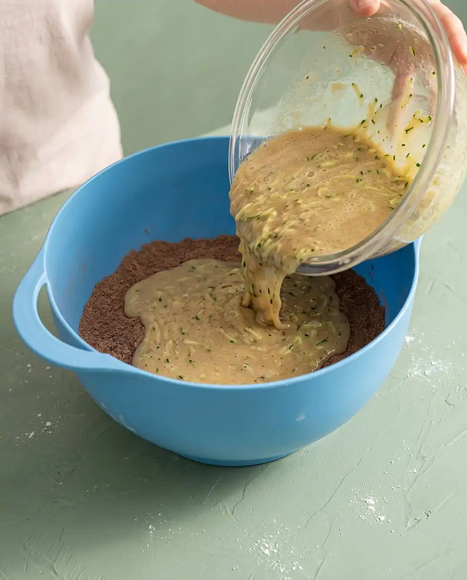 A hand inserting a toothpick into a Zucchini Cake with pecans to check if it is finished baking.
