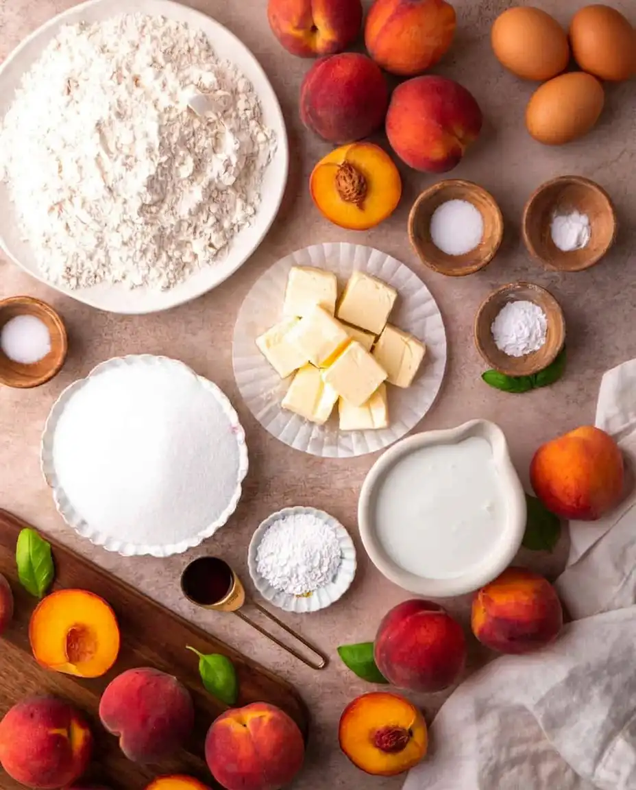 Ingredients for peach cake including fresh peaches and vanilla bean paste