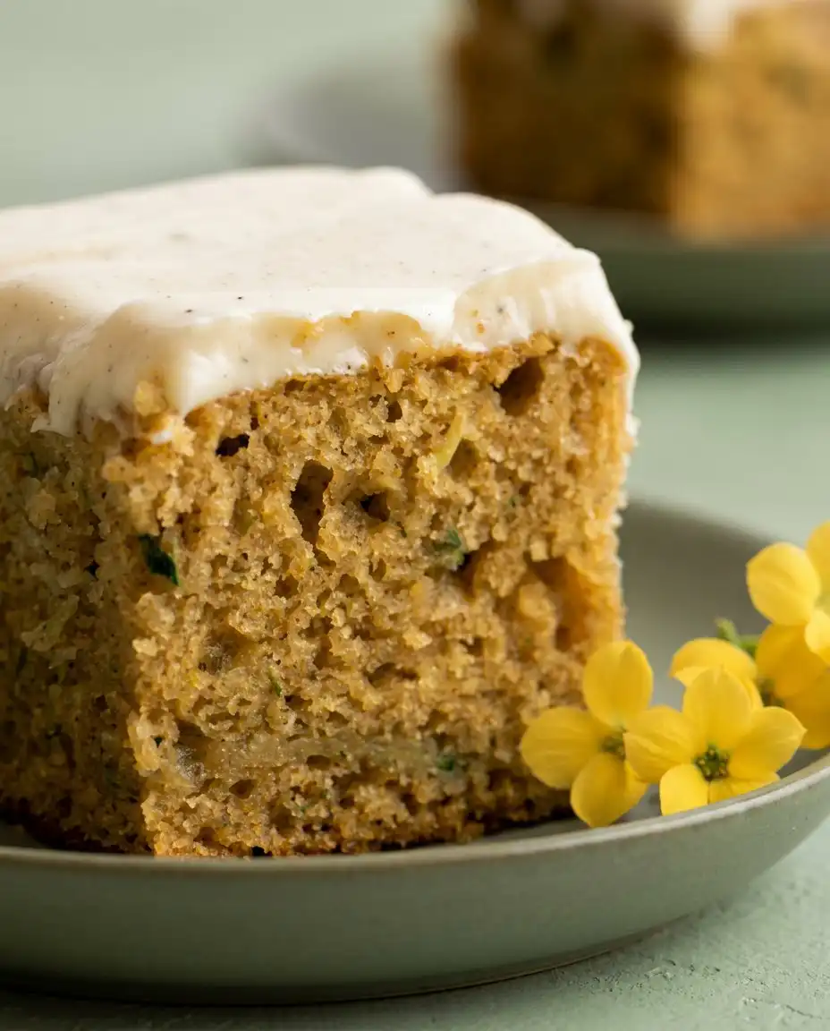 Zucchini Cake 12 A moist Zucchini Cake with brown butter cream cheese frosting sitting on a kitchen counter.