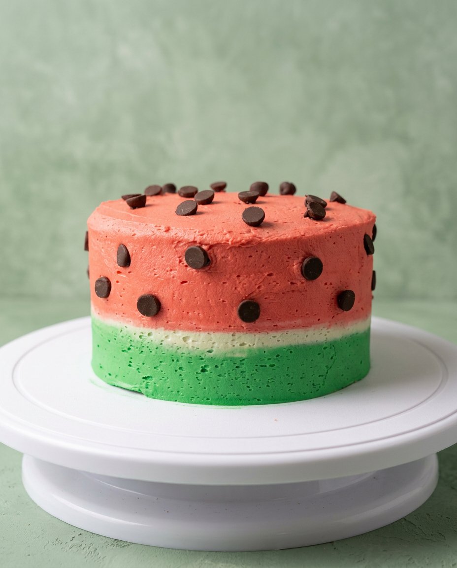 A slice of Smash Cake Made from Watermelon showing the green and pink layers.