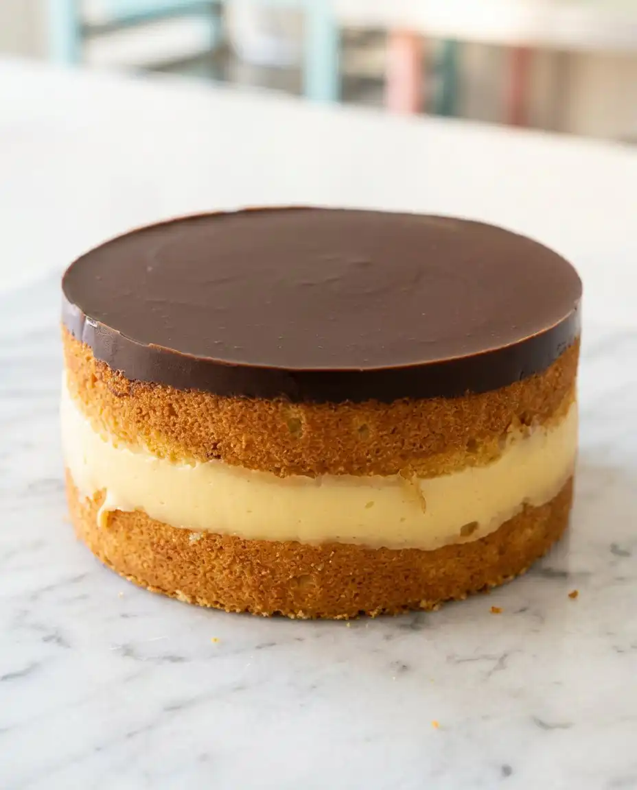 A whole Two-Layer Boston Cream Cake ready for serving at a gathering.