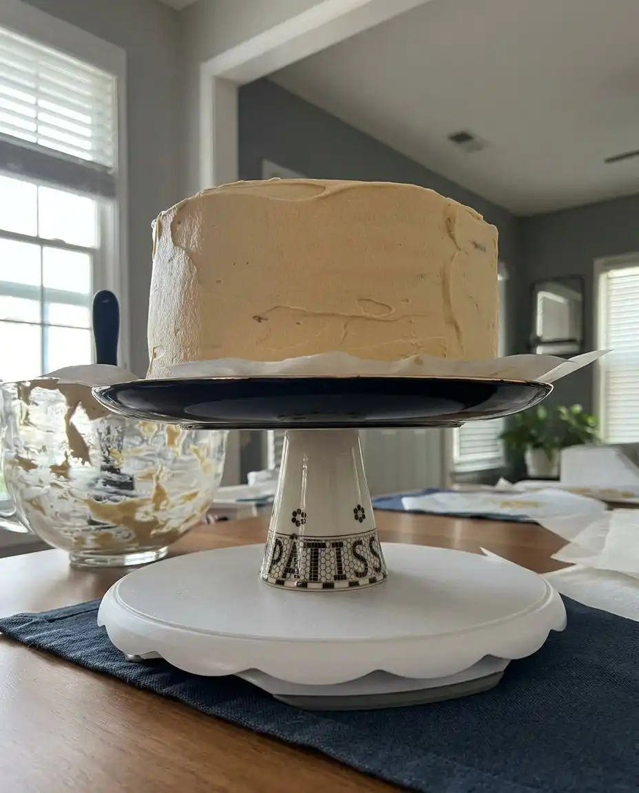 A whole Russian peach cake garnished with fresh diced peaches