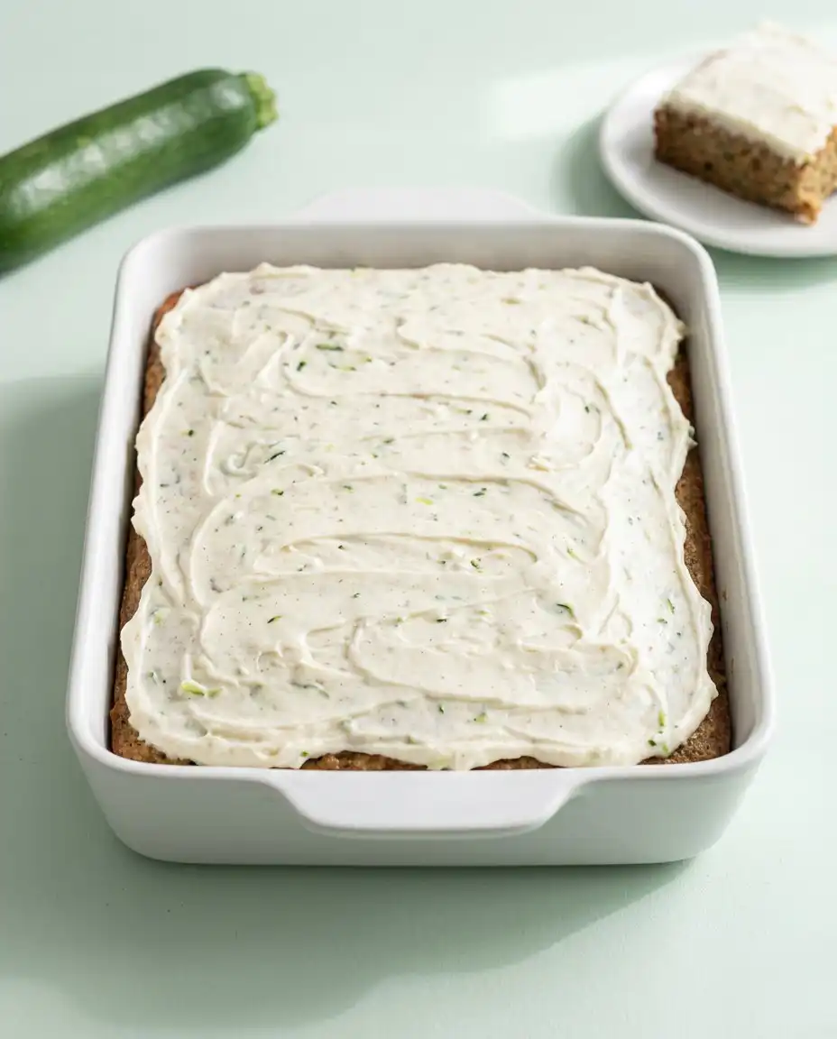 A plate with a slice of Classic Zucchini Cake with Cream Cheese Frosting next to a steaming cup of coffee.