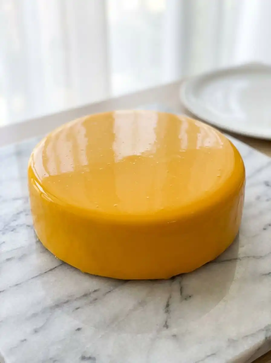 A single slice of Mango Passion Fruit Mousse Cake served on a vintage glass plate.