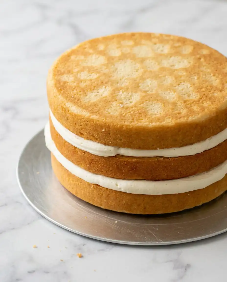Applying white chocolate buttercream to a Classic Vanilla Layer Cake