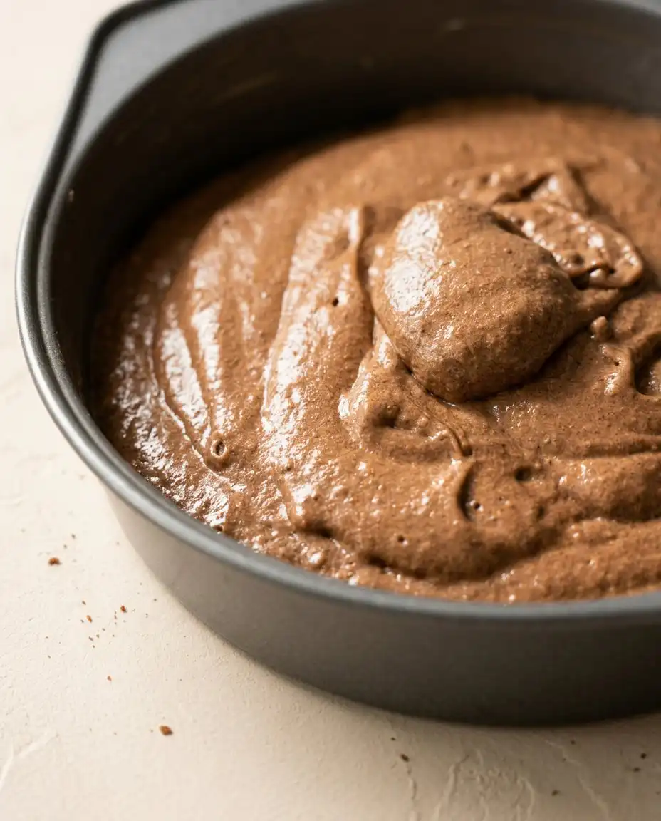 Two round baking pans filled with chocolate batter ready to make a German Chocolate Cake.