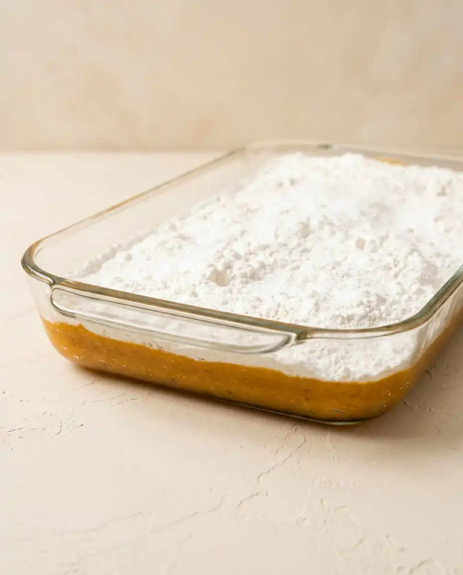 Classic Pumpkin Crunch Cake baking in a glass dish with a golden pecan crust