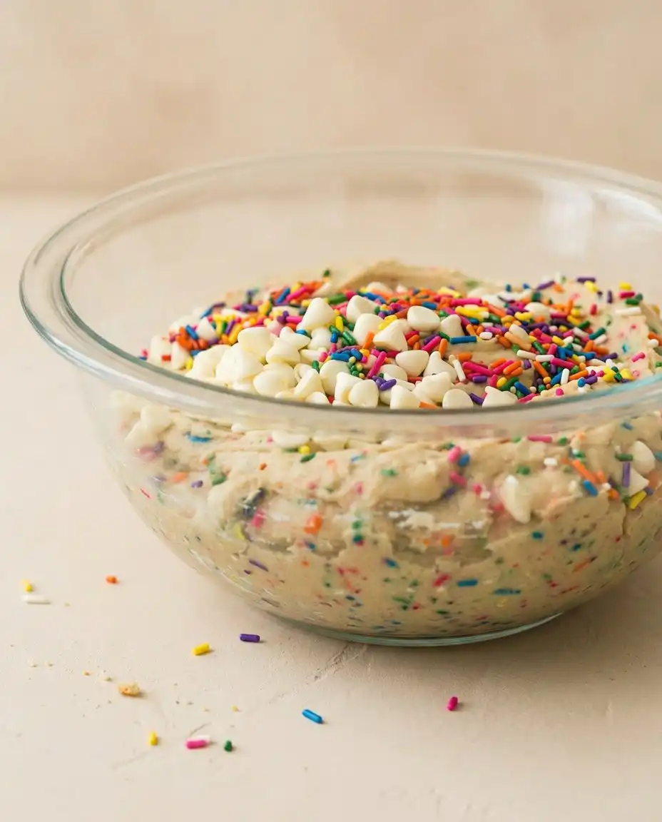 Funfetti Cake Mix Cookies 15 Golden Funfetti Cake Mix Cookies baking on a baking sheet inside a warm preheated oven.