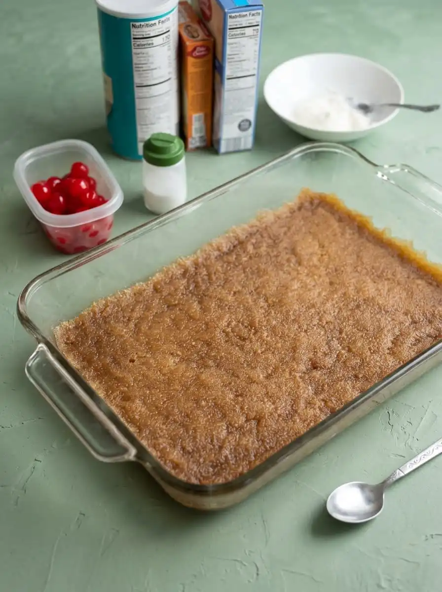 Golden cake batter poured over arranged peaches in a skillet for peach upside down cake with white box cake mix