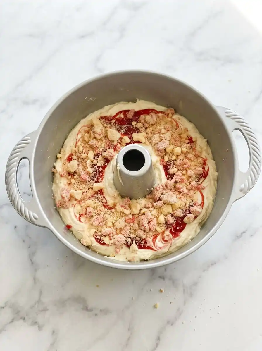 Testing the cream cheese pound cake with strawberry glaze using a toothpick.