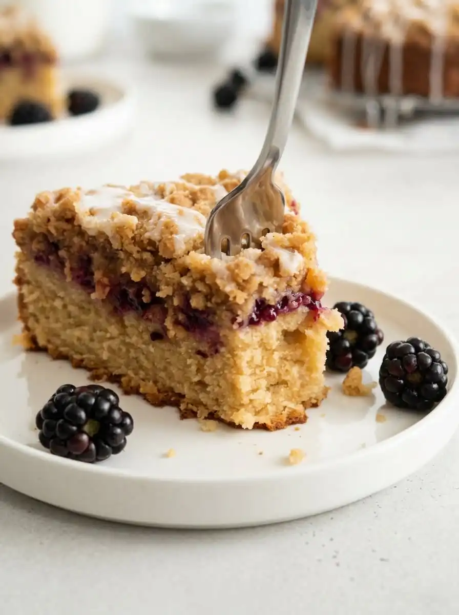 A slice of Blackberry Coffee Cake served on a vintage plate alongside a steaming cup of coffee.