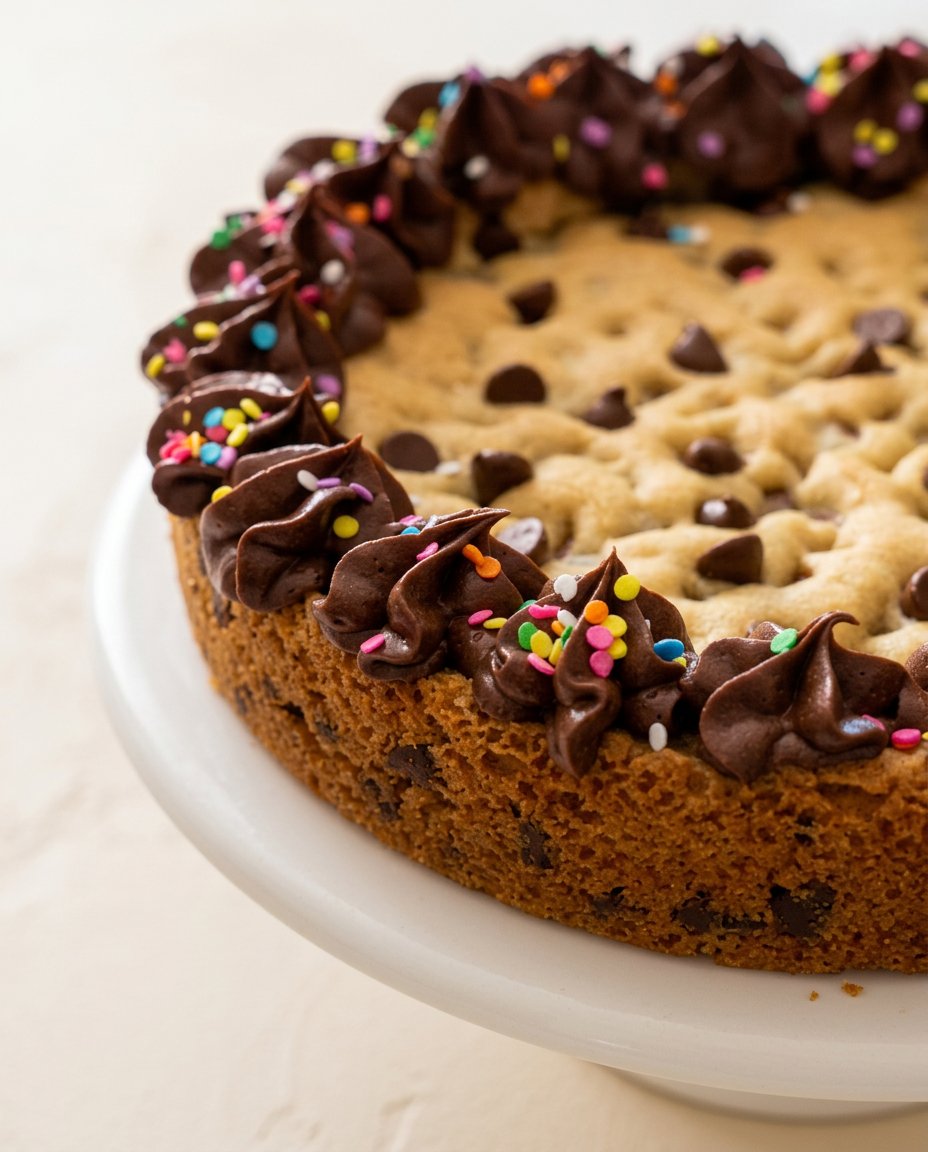 Brown Butter Chocolate Chip Cookie Cake 12 A golden brown butter chocolate chip cookie cake sitting under a vintage glass dome on a wooden counter.