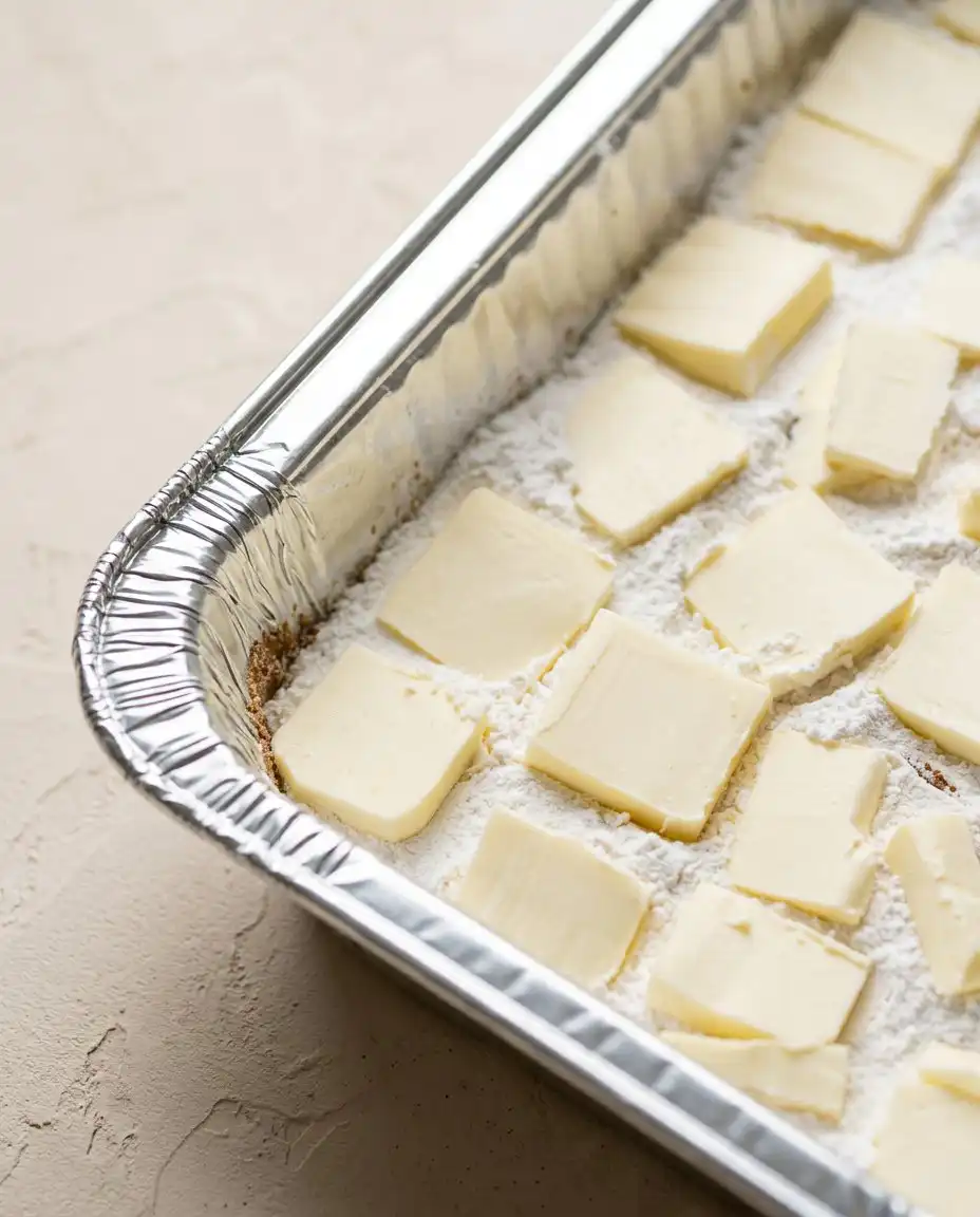 Browning unsalted butter in a small pan for a rich Peach Cobbler with White Cake Mix.