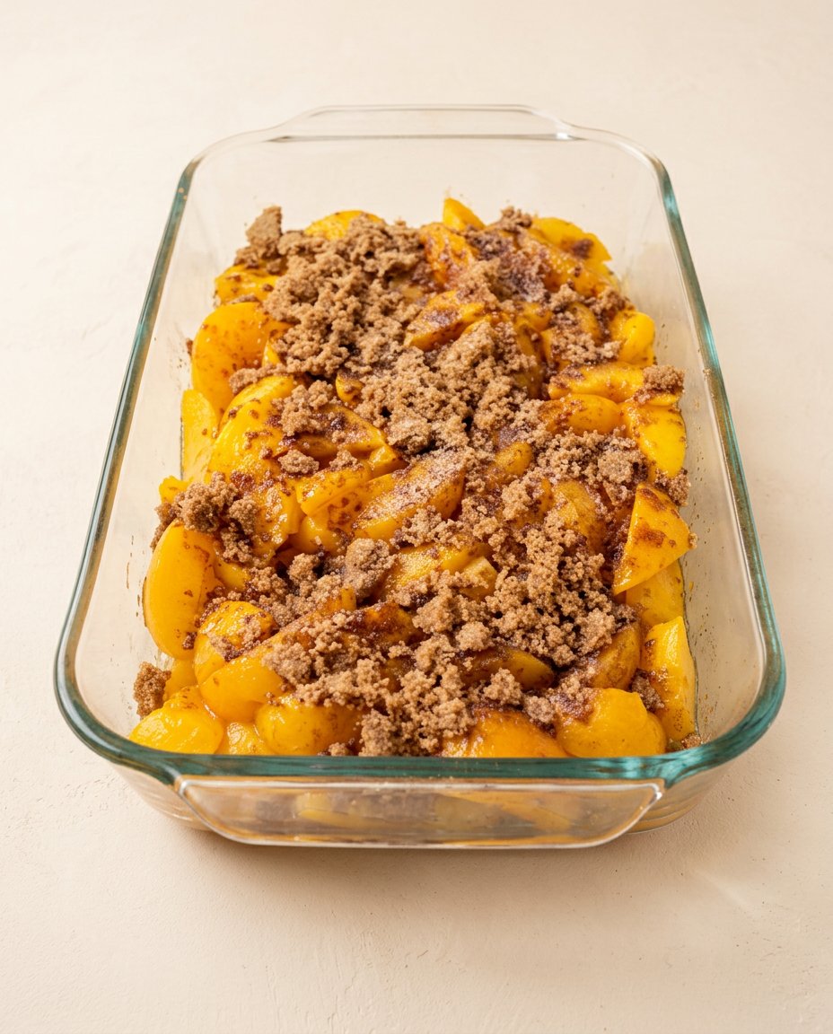 Thinly sliced butter arranged on top of dry cake mix for a Cinnamon Canned Peach Dump Cake.