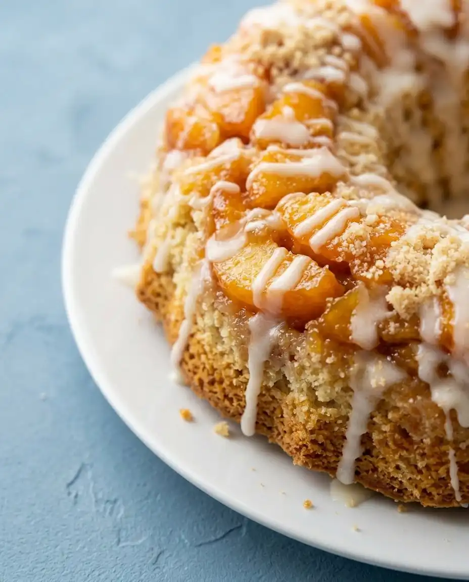 A thick slice of buttery peach cobbler pound cake served with a scoop of vanilla ice cream.