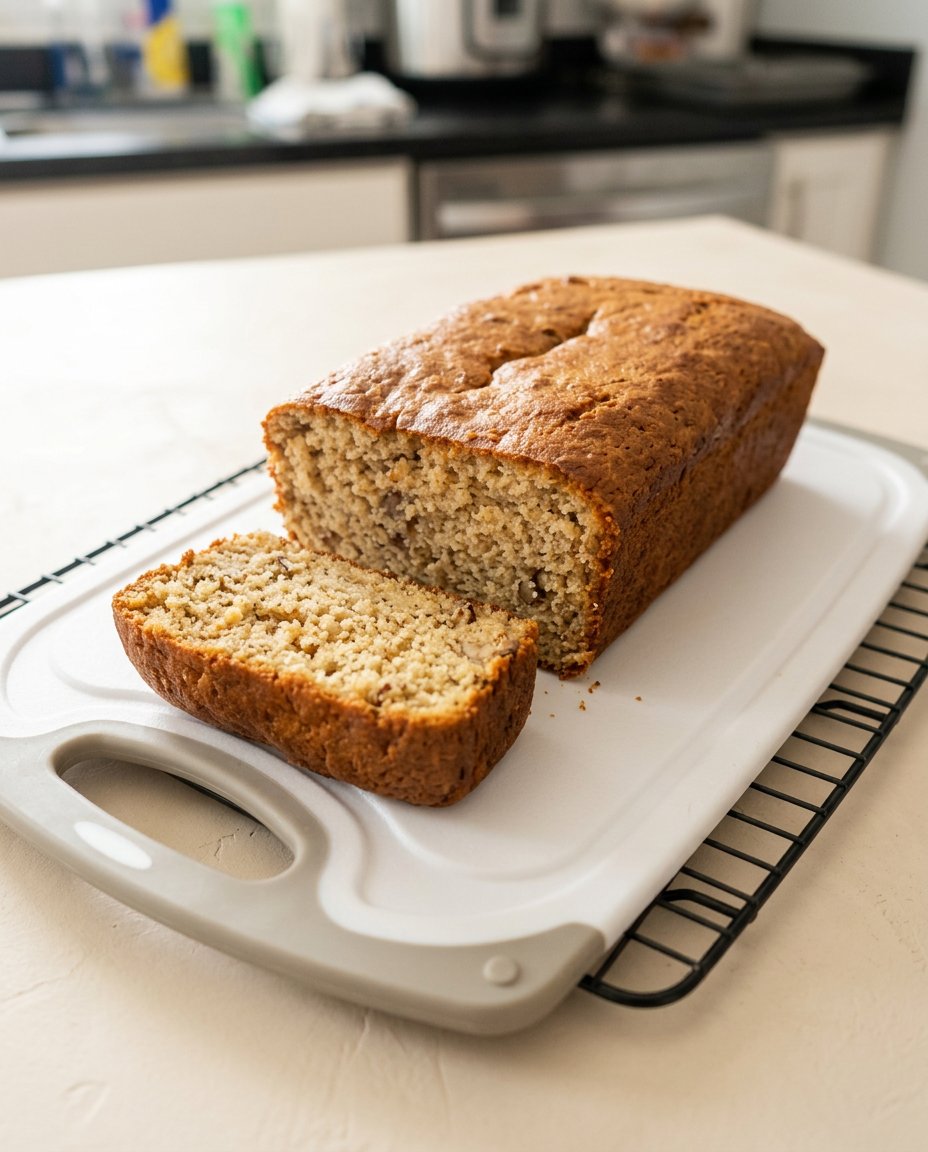 Cake Mix Banana Bread 16 A slice of toasted cake mix banana bread topped with melted butter next to a hot cup of coffee.