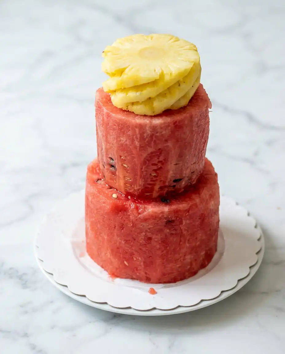 Using a sharp chef knife to trim rind from a pink watermelon slab for the Watermelon Fruit Cake Tower