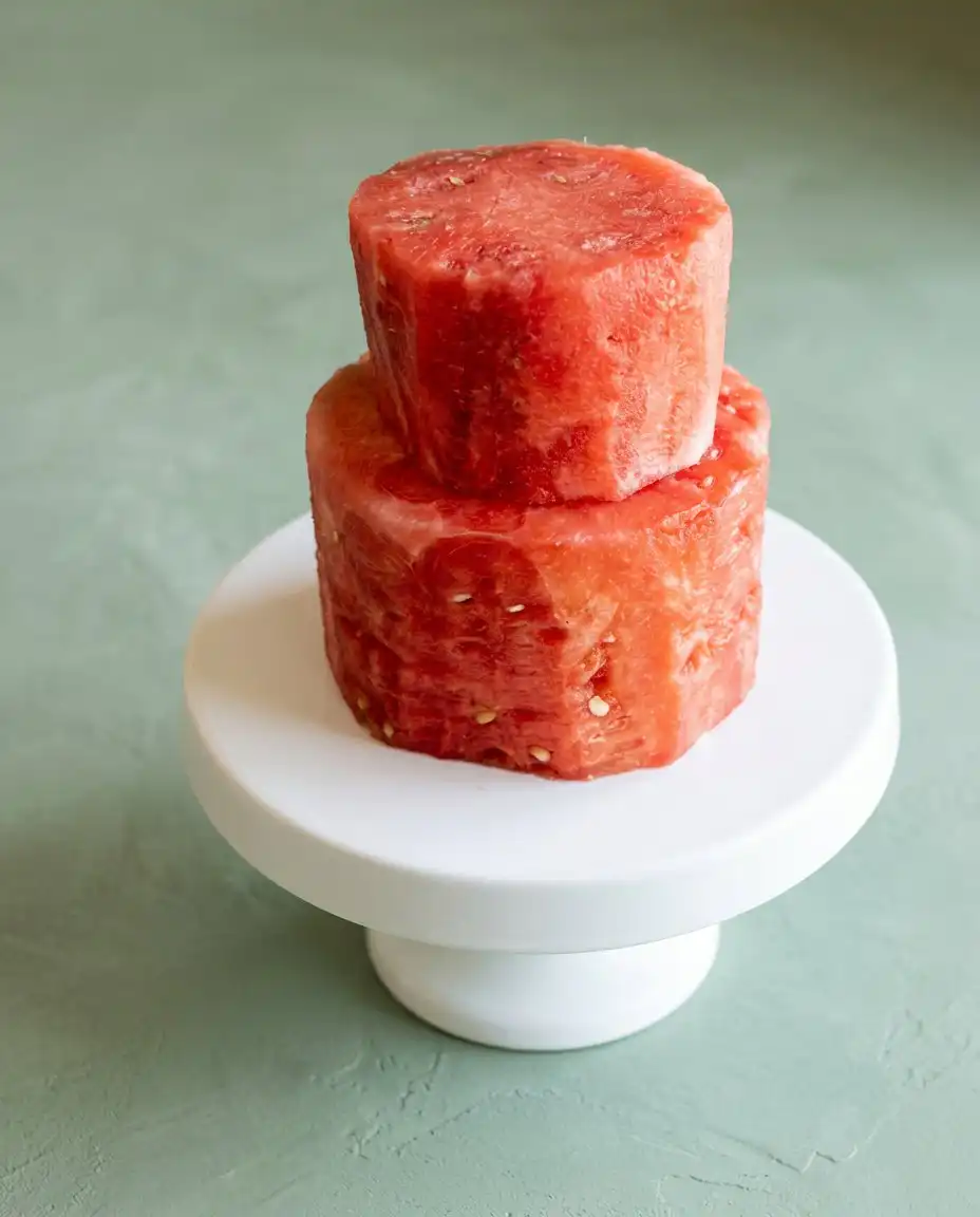 Carving watermelon cake tiers with a sharp chef knife on a cutting board.