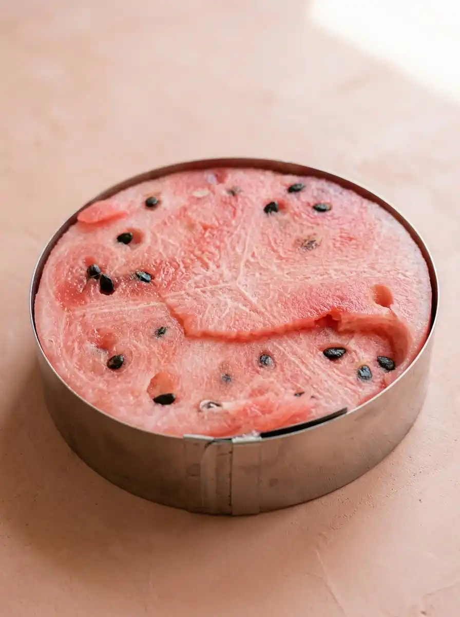 Watermelon and Berry Layer Cake 15 Slicing fresh melon rounds on a wooden cutting board to assemble a Watermelon and Berry Layer Cake.