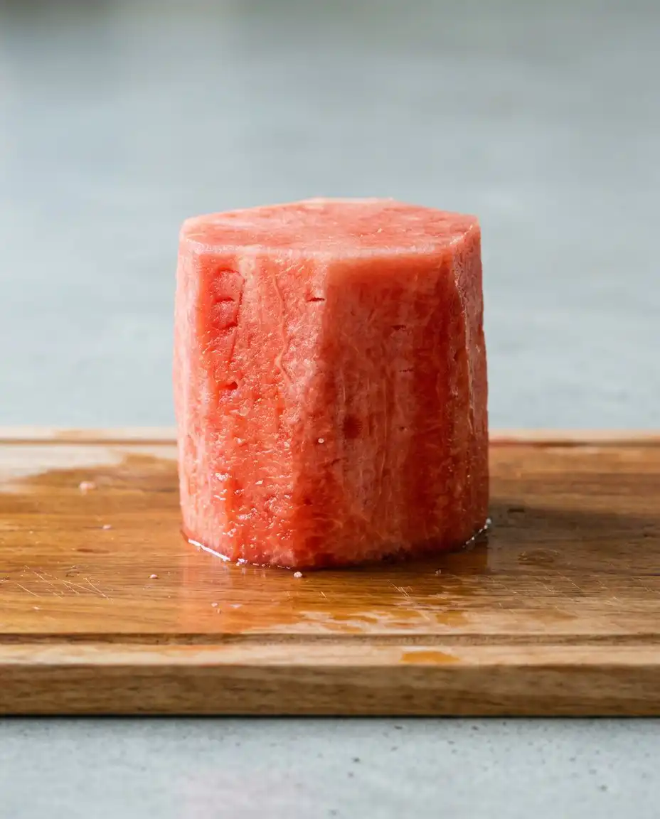 Carving clean circular melon tiers using cake pans as guides on a wooden cutting board