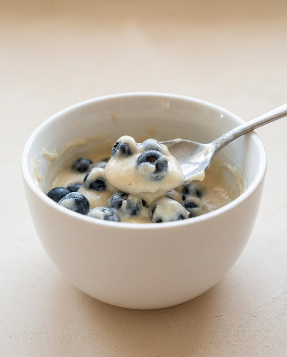 A golden fluffy Easy Blueberry Mug Cake rising beautifully inside a ceramic mug.