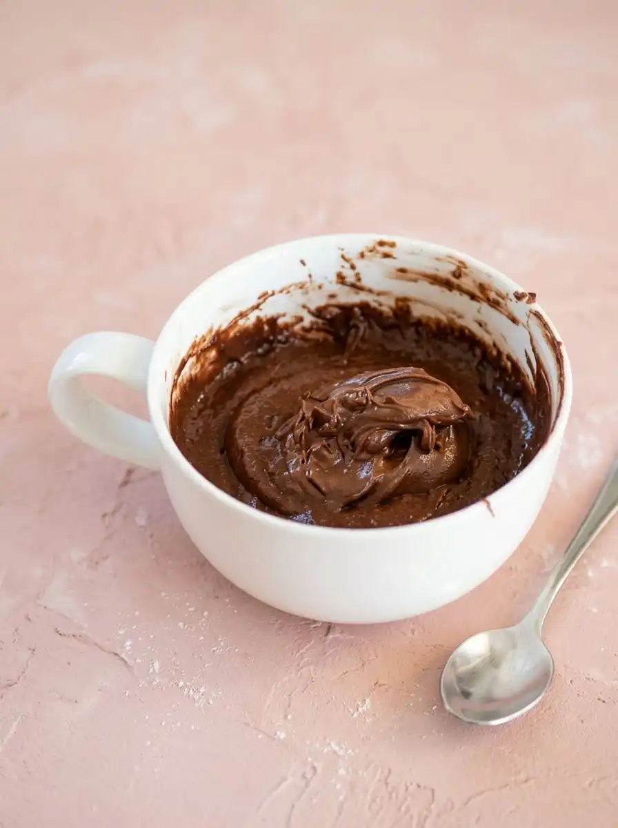 A spoon scooping into a warm Chocolate Lava Mug Cake showing the molten center.