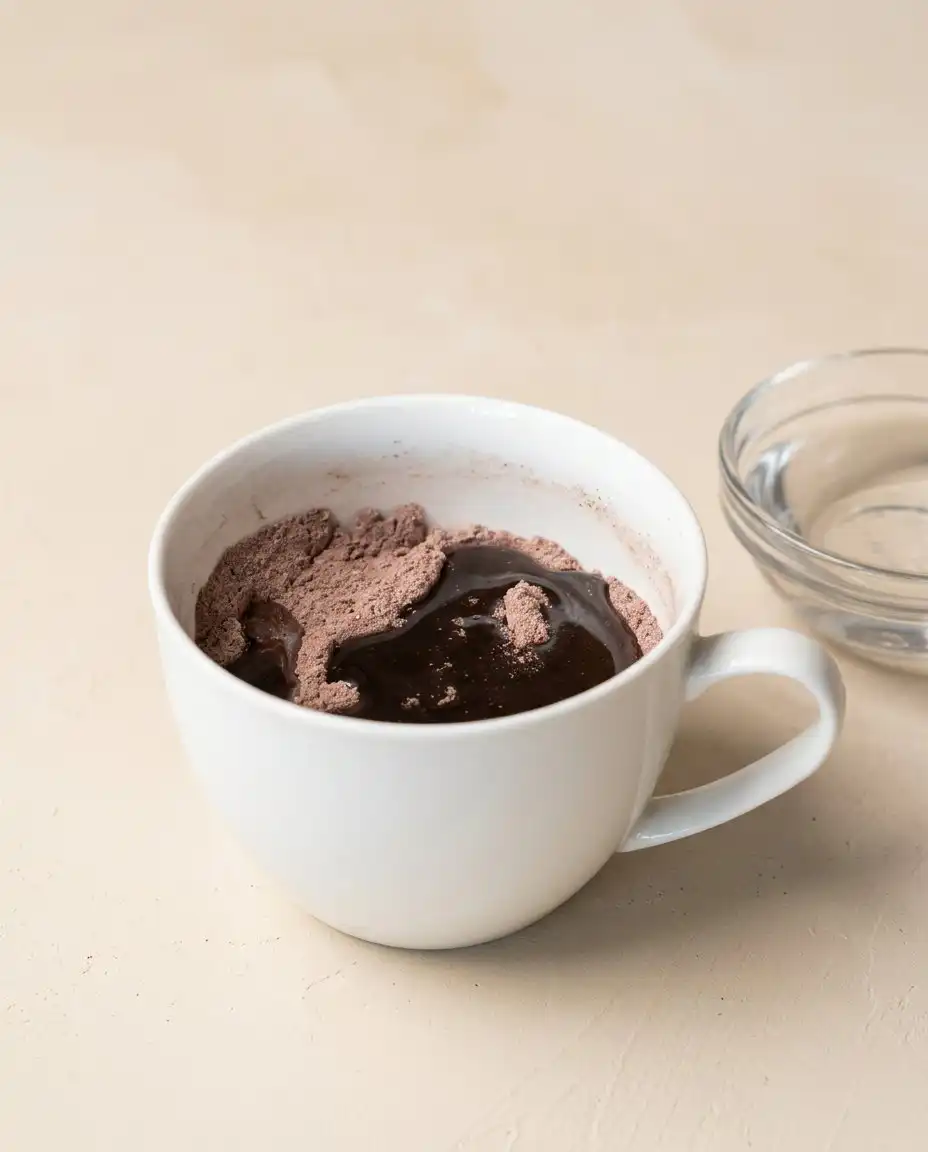 Testing the doneness of a freshly baked Nutella Mug Cake with a small wooden toothpick.
