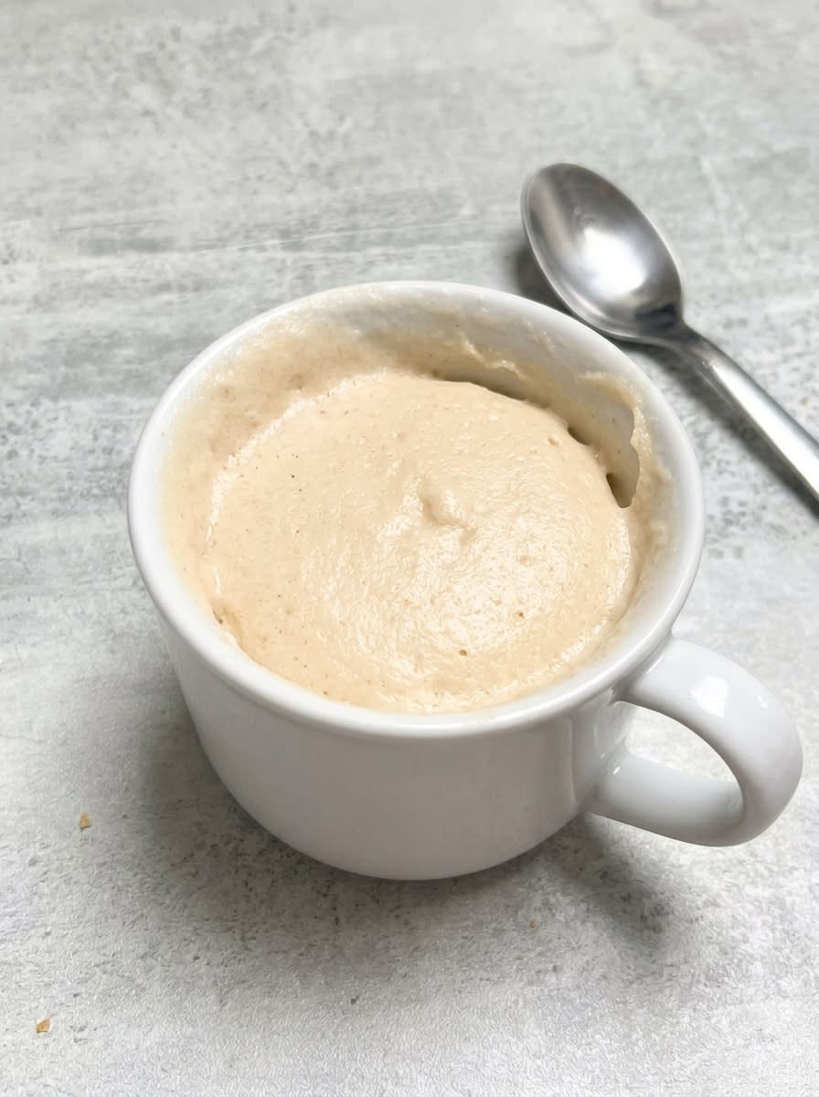 1-Minute Vanilla Mug Cake 15 Scooping a spoonful of soft and fluffy 1-Minute Vanilla Mug Cake to show its light internal texture